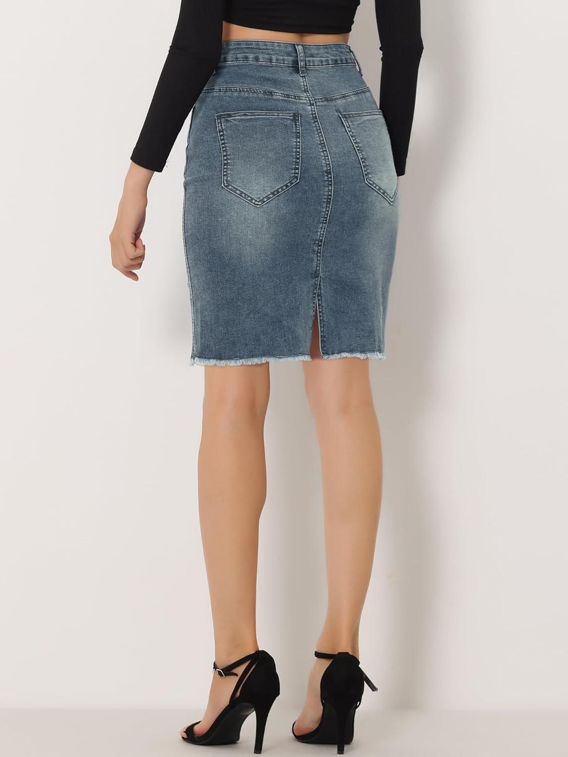 imageAllegra K Womens Basic Distressed High Waist Ripped Hem Washed Jeans Denim SkirtBlue Grey