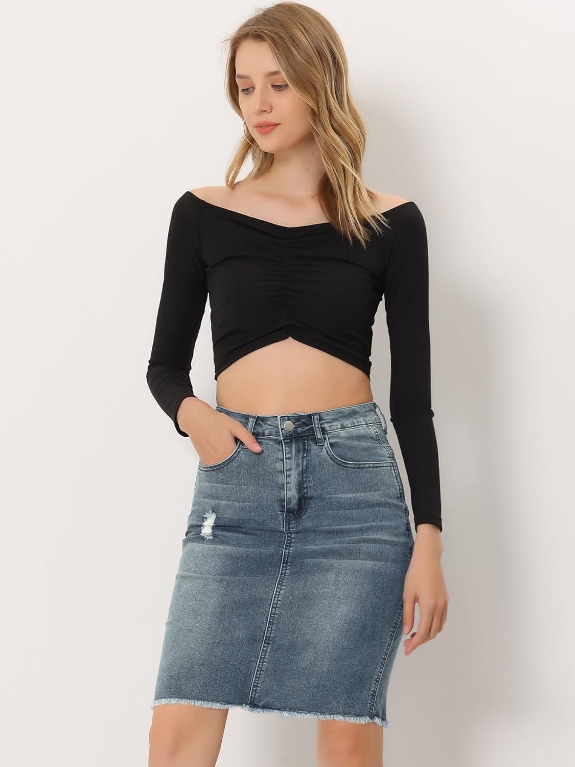 imageAllegra K Womens Basic Distressed High Waist Ripped Hem Washed Jeans Denim SkirtBlue Grey