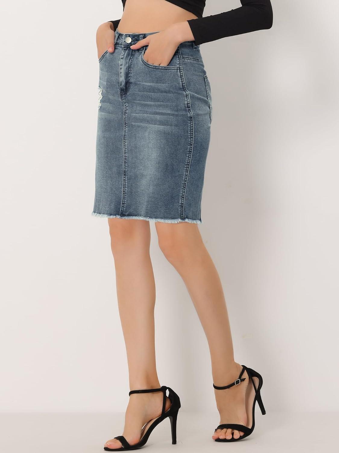 imageAllegra K Womens Basic Distressed High Waist Ripped Hem Washed Jeans Denim SkirtBlue Grey