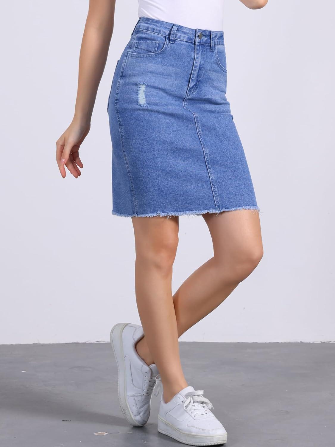 imageAllegra K Womens Basic Distressed High Waist Ripped Hem Washed Jeans Denim SkirtBright Blue