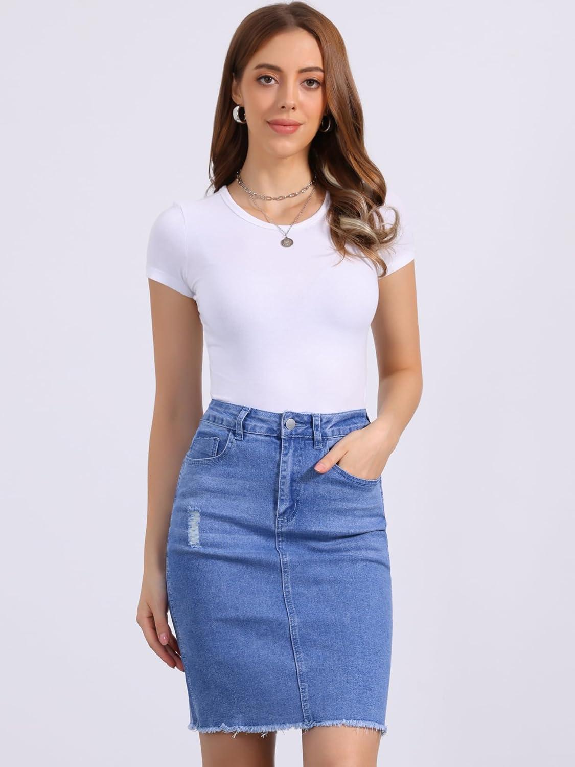 imageAllegra K Womens Basic Distressed High Waist Ripped Hem Washed Jeans Denim SkirtBright Blue