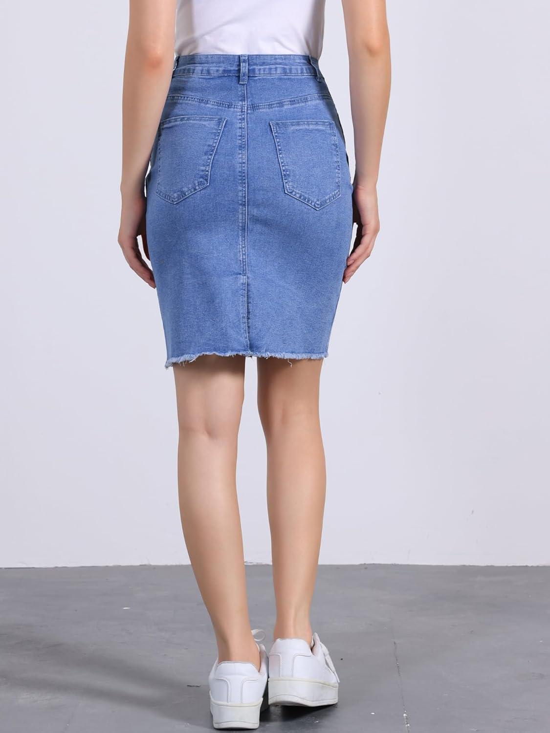 imageAllegra K Womens Basic Distressed High Waist Ripped Hem Washed Jeans Denim SkirtBright Blue