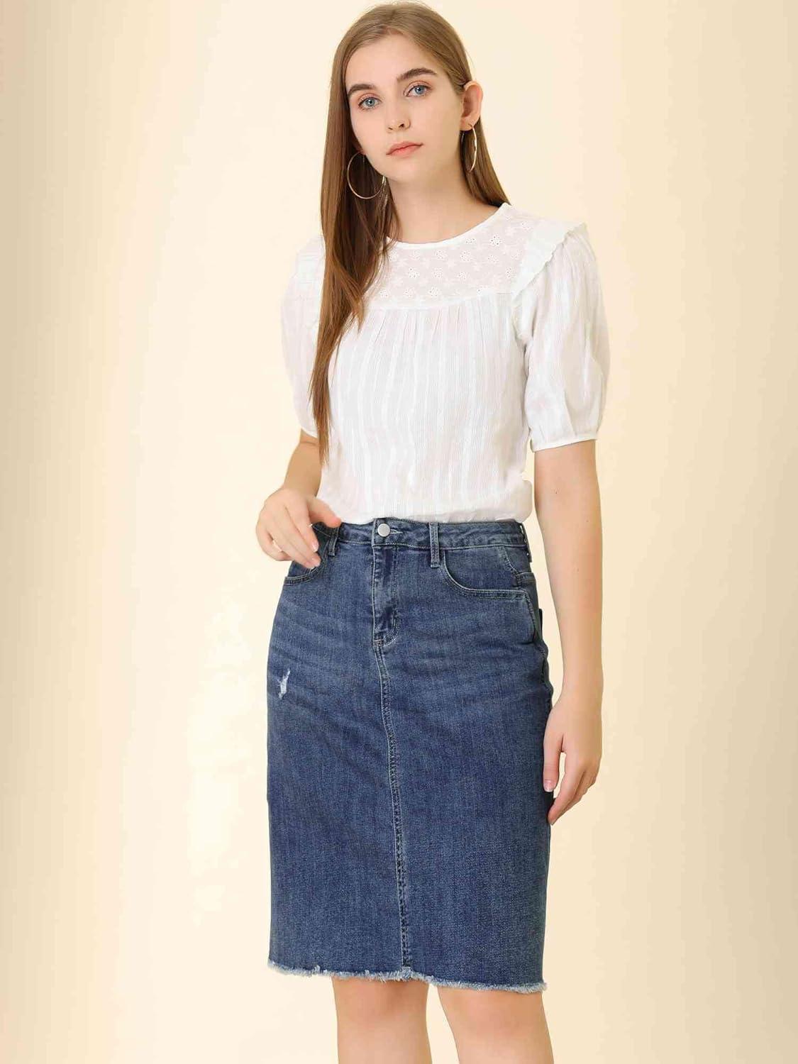 imageAllegra K Womens Basic Distressed High Waist Ripped Hem Washed Jeans Denim SkirtDark Blue