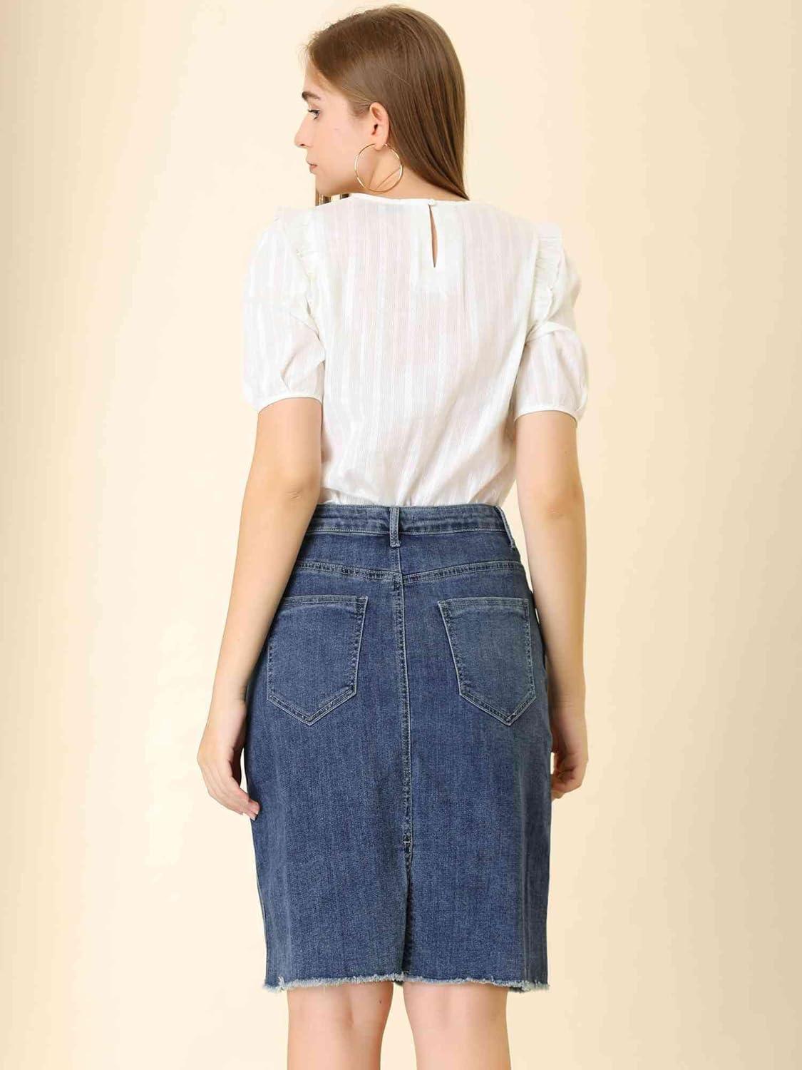 imageAllegra K Womens Basic Distressed High Waist Ripped Hem Washed Jeans Denim SkirtDark Blue