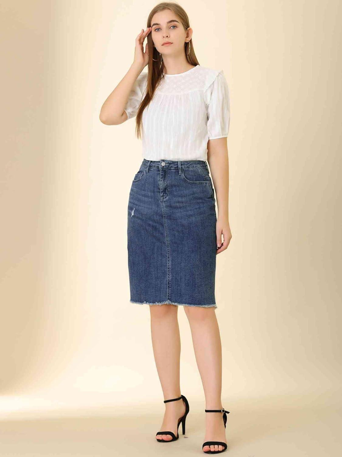 imageAllegra K Womens Basic Distressed High Waist Ripped Hem Washed Jeans Denim SkirtDark Blue