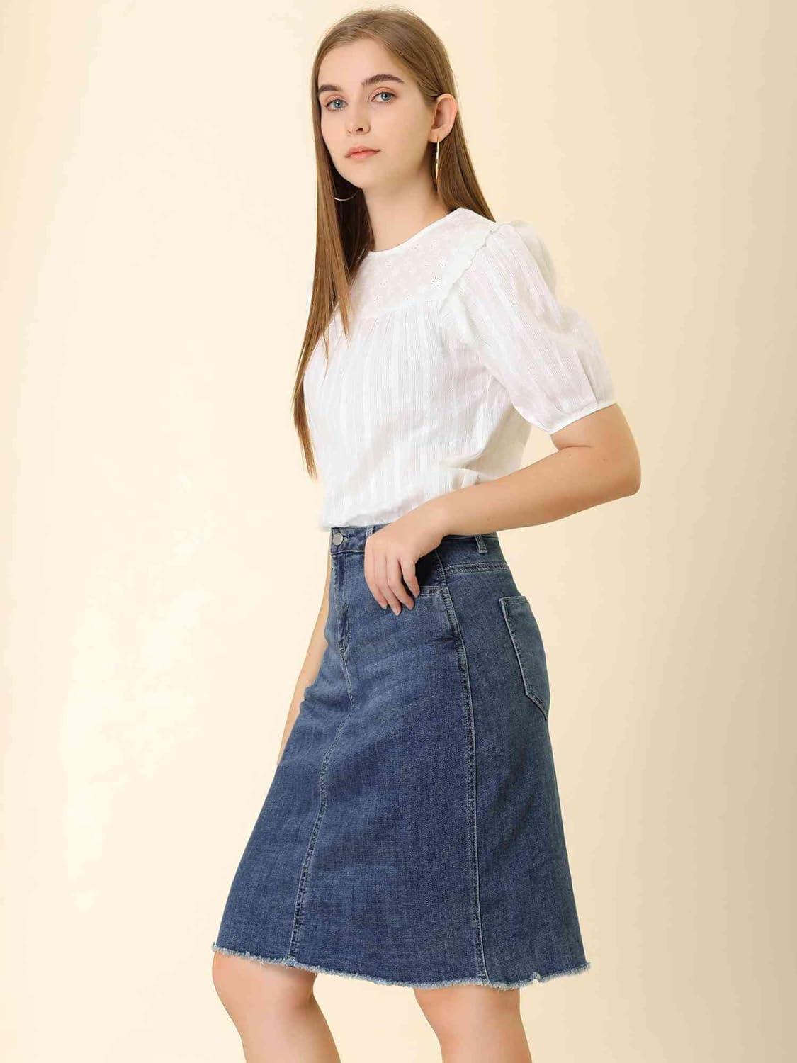 imageAllegra K Womens Basic Distressed High Waist Ripped Hem Washed Jeans Denim SkirtDark Blue