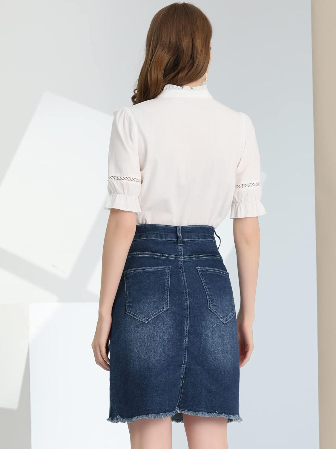 imageAllegra K Womens Basic Distressed High Waist Ripped Hem Washed Jeans Denim SkirtDeep Blue