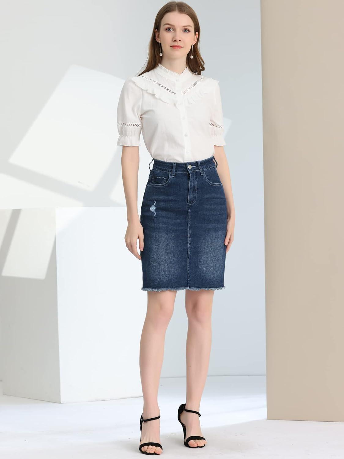 imageAllegra K Womens Basic Distressed High Waist Ripped Hem Washed Jeans Denim SkirtDeep Blue