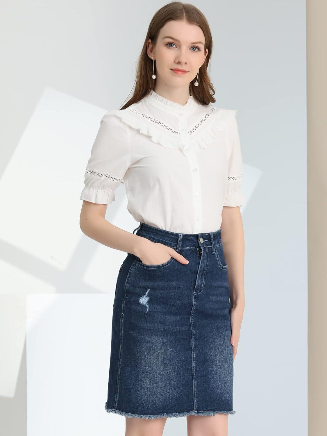 imageAllegra K Womens Basic Distressed High Waist Ripped Hem Washed Jeans Denim SkirtDeep Blue