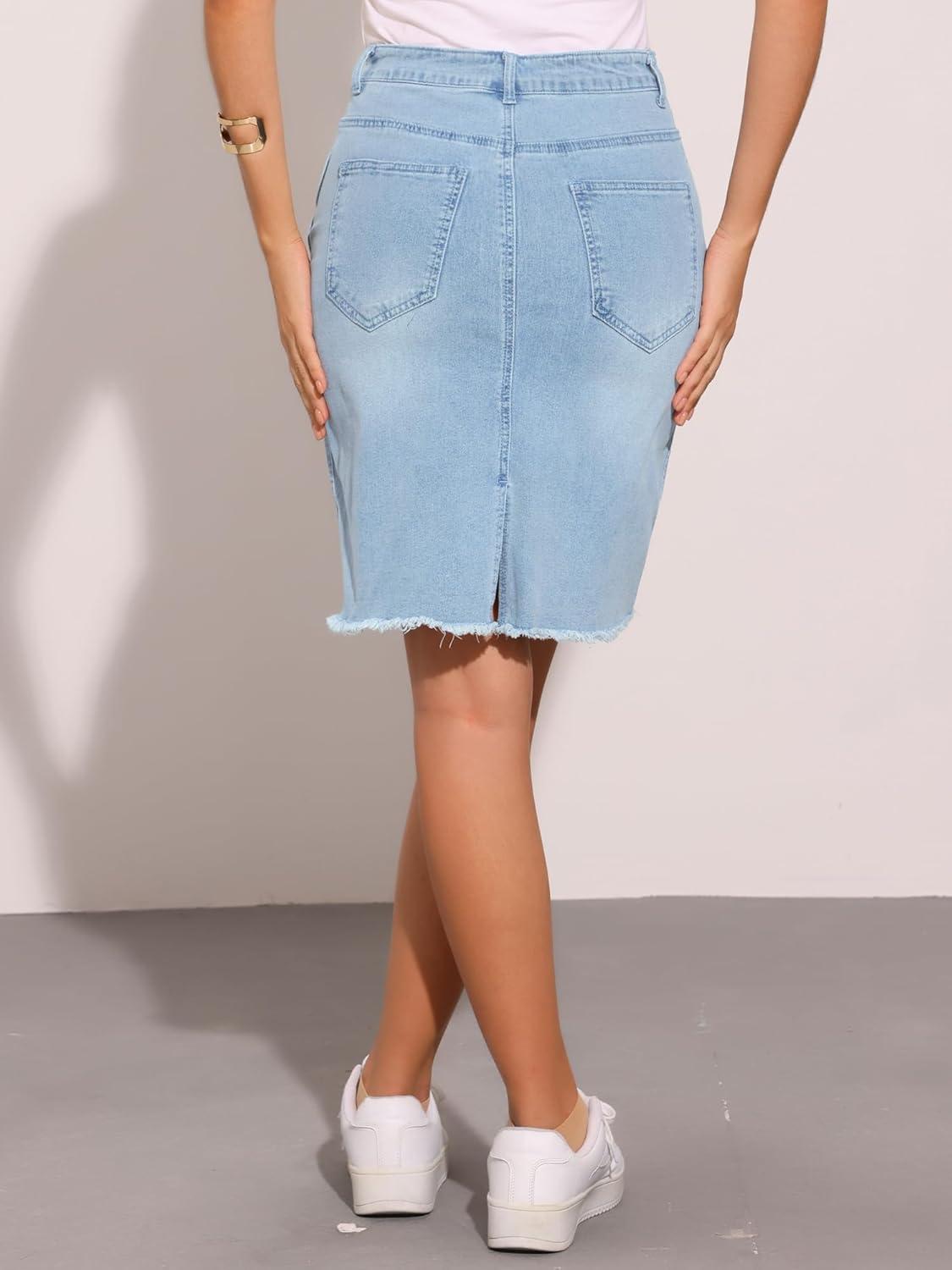 imageAllegra K Womens Basic Distressed High Waist Ripped Hem Washed Jeans Denim SkirtLight Blue