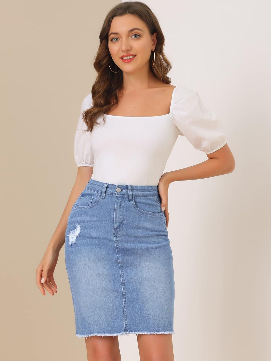 imageAllegra K Womens Basic Distressed High Waist Ripped Hem Washed Jeans Denim SkirtSky Blue