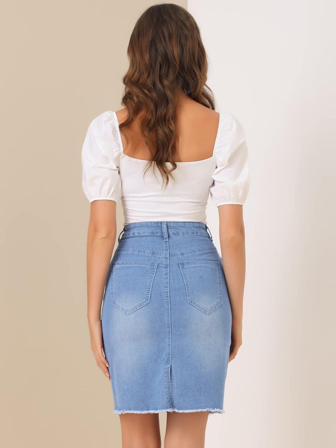 imageAllegra K Womens Basic Distressed High Waist Ripped Hem Washed Jeans Denim SkirtSky Blue