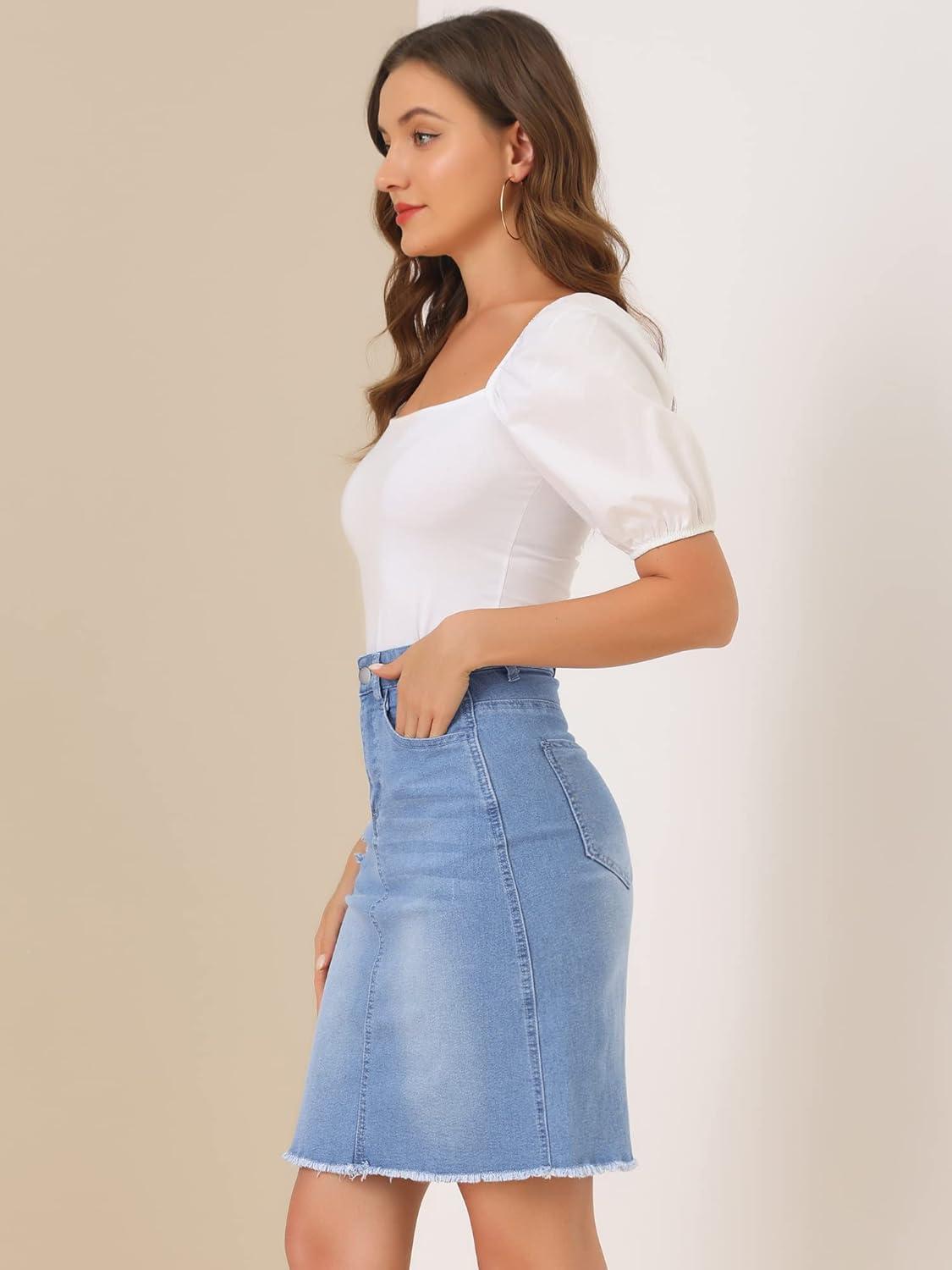 imageAllegra K Womens Basic Distressed High Waist Ripped Hem Washed Jeans Denim SkirtSky Blue
