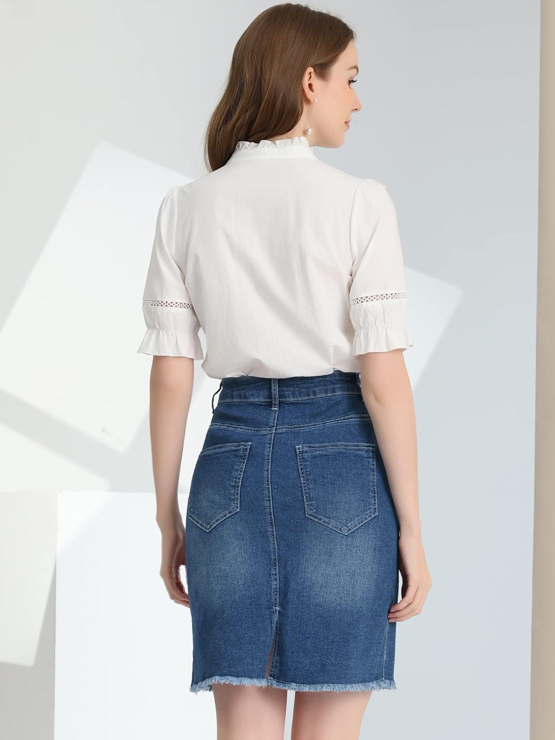 imageAllegra K Womens Basic Distressed High Waist Ripped Hem Washed Jeans Denim SkirtVintage Blue