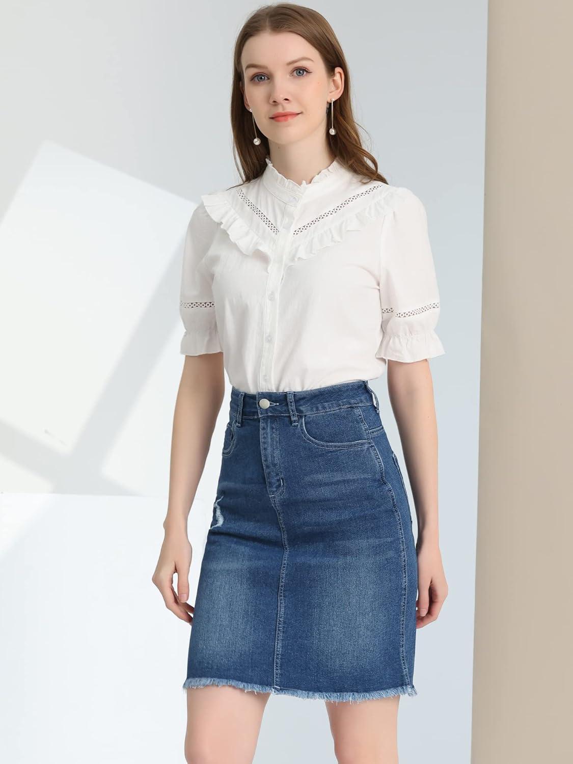 imageAllegra K Womens Basic Distressed High Waist Ripped Hem Washed Jeans Denim SkirtVintage Blue