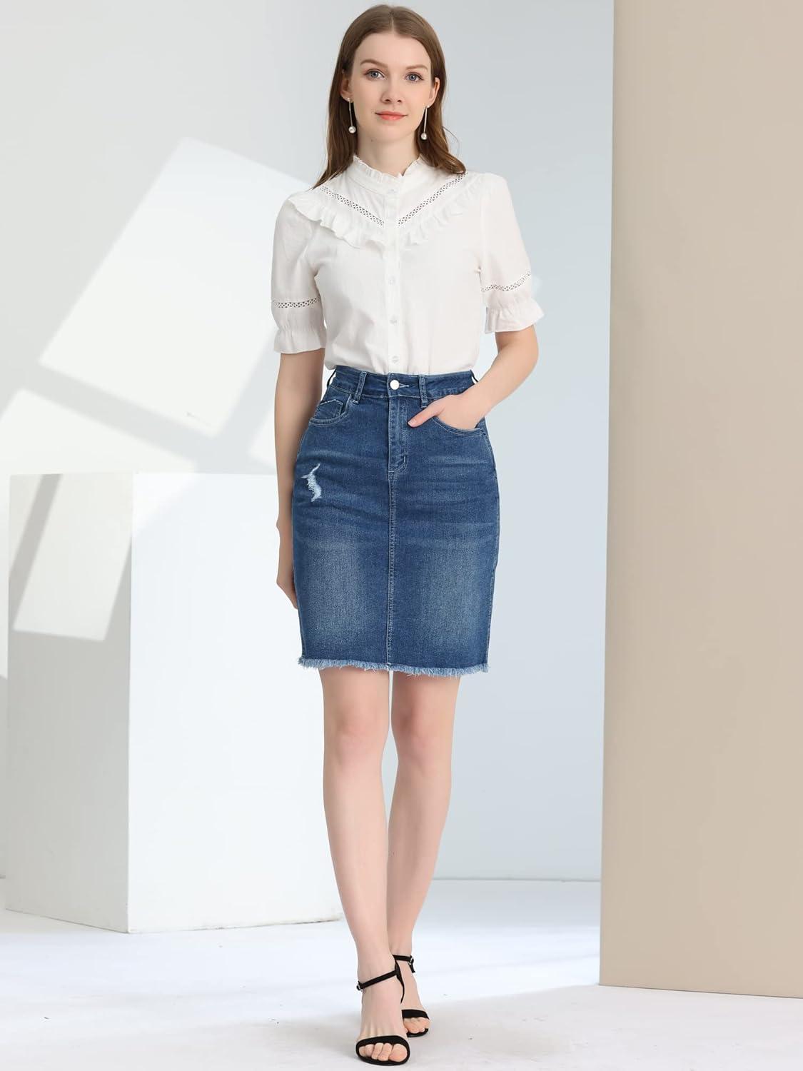 imageAllegra K Womens Basic Distressed High Waist Ripped Hem Washed Jeans Denim SkirtVintage Blue