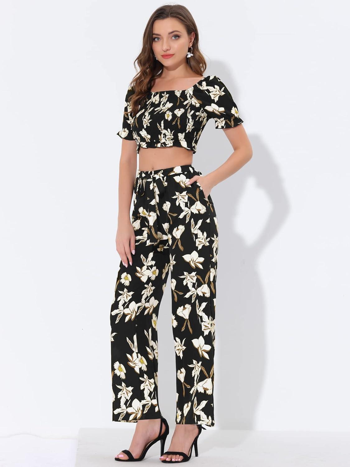 imageAllegra K Womens Beach Outfit Ruffle Smocked Crop Tops Tie Waist Floral Pants SetBlack