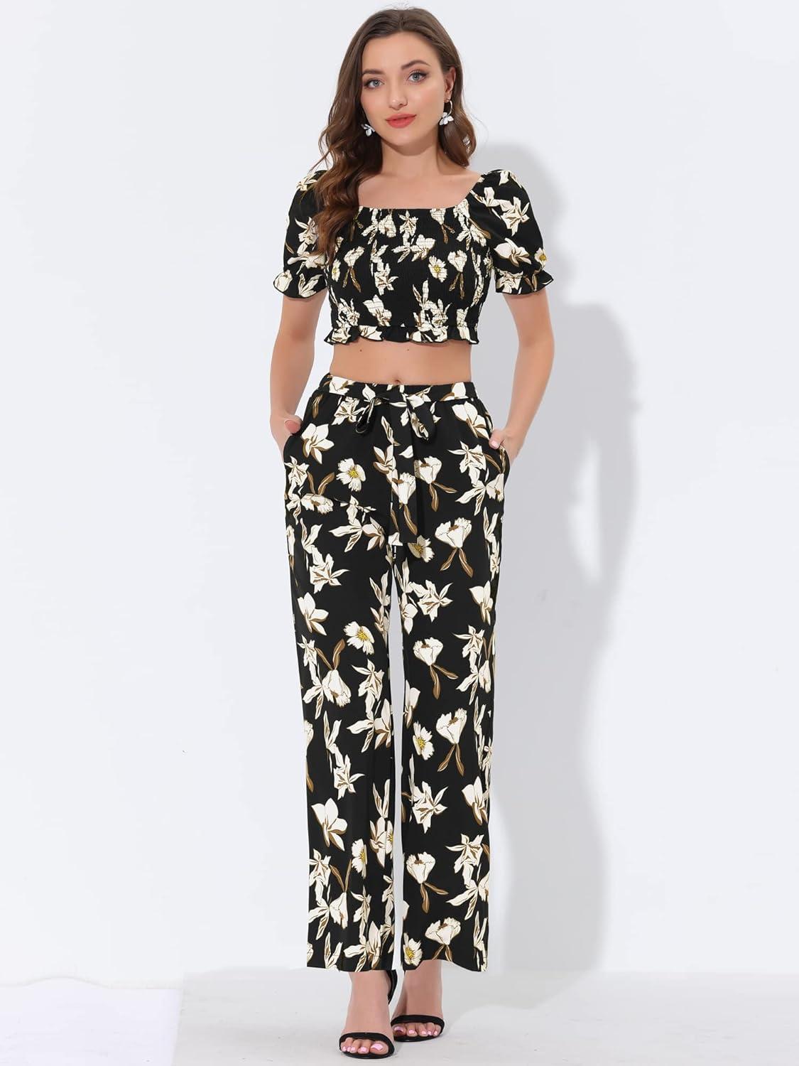 imageAllegra K Womens Beach Outfit Ruffle Smocked Crop Tops Tie Waist Floral Pants SetBlack