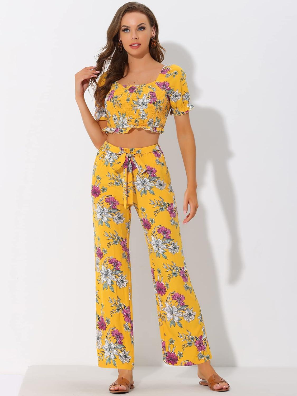 imageAllegra K Womens Beach Outfit Ruffle Smocked Crop Tops Tie Waist Floral Pants SetYellow