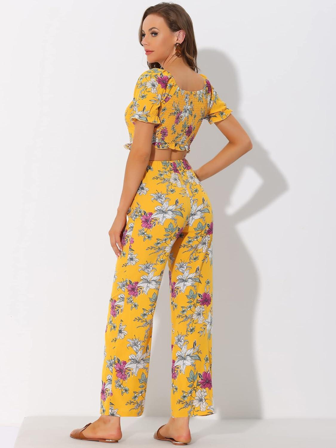 imageAllegra K Womens Beach Outfit Ruffle Smocked Crop Tops Tie Waist Floral Pants SetYellow