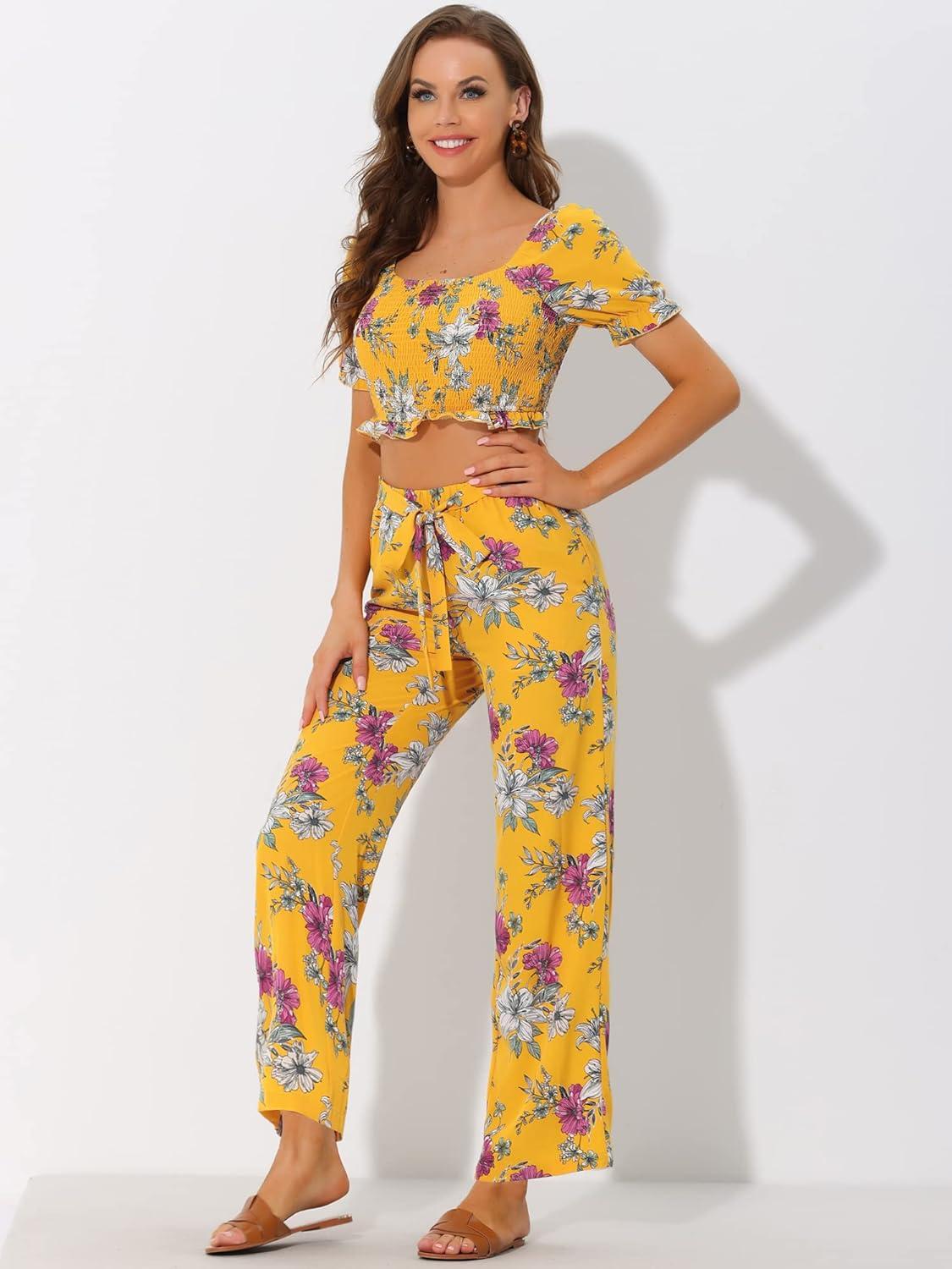 imageAllegra K Womens Beach Outfit Ruffle Smocked Crop Tops Tie Waist Floral Pants SetYellow