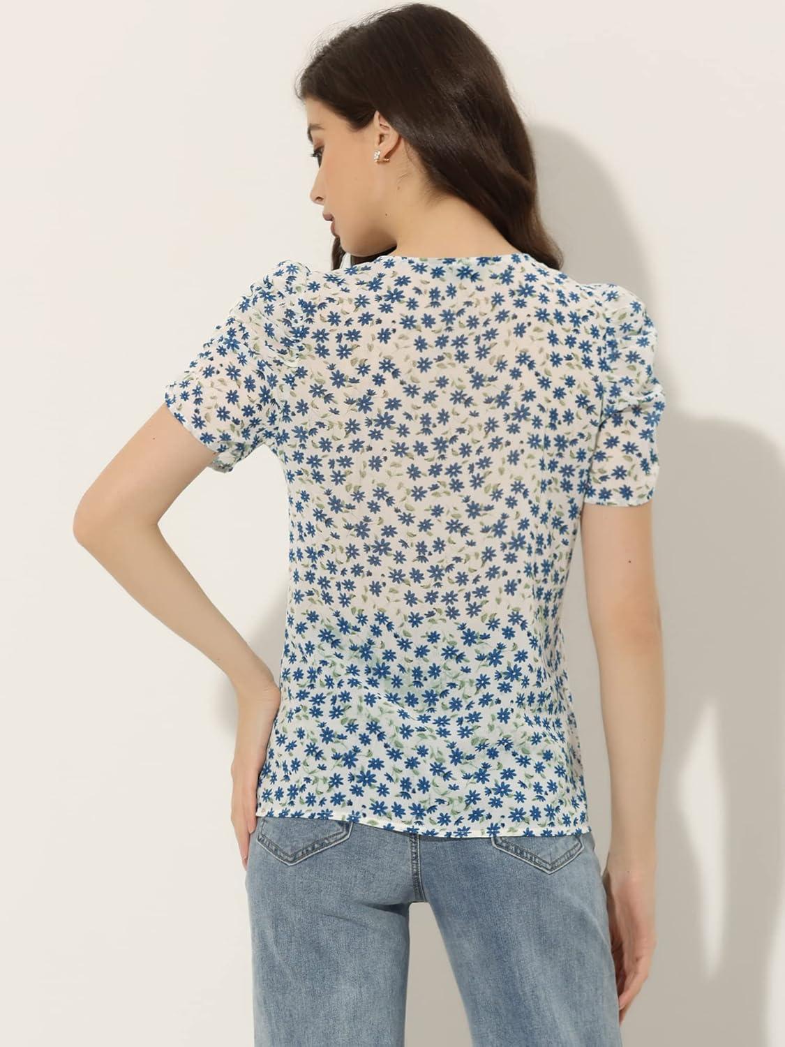 imageAllegra K Womens Button Front Shirt Puff Short Sleeves Chiffon Floral TopBlue