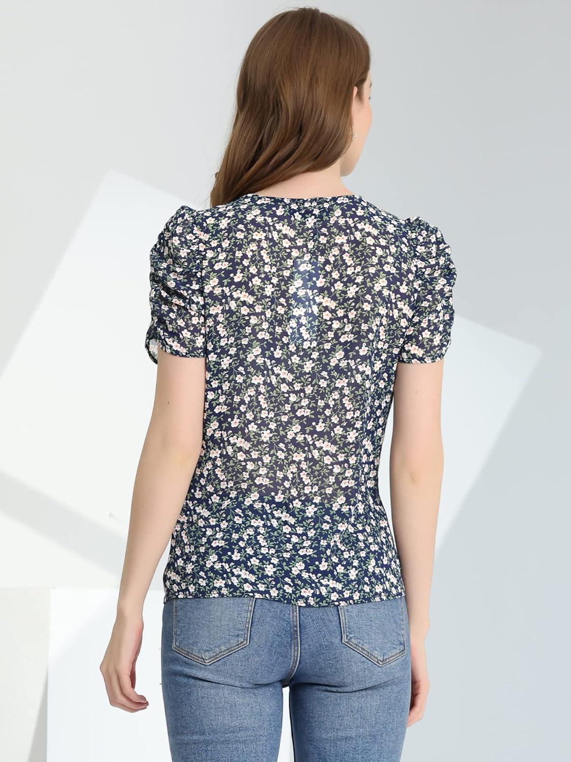 imageAllegra K Womens Button Front Shirt Puff Short Sleeves Chiffon Floral TopNavy Blue