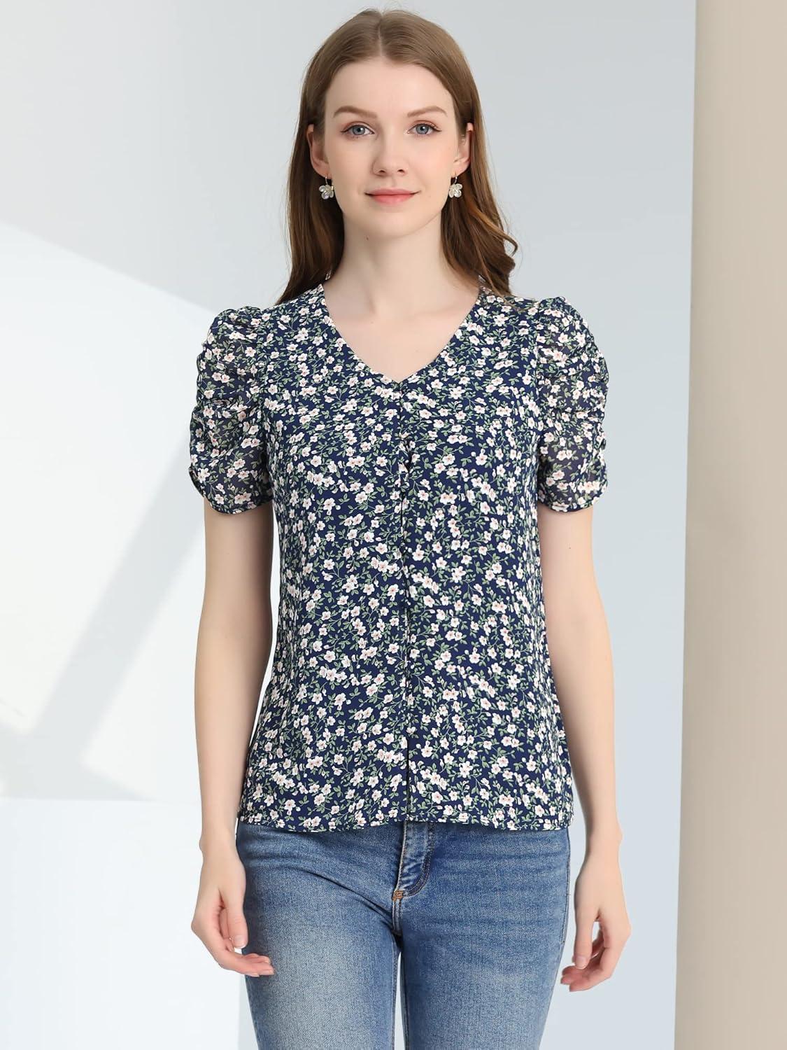 imageAllegra K Womens Button Front Shirt Puff Short Sleeves Chiffon Floral TopNavy Blue