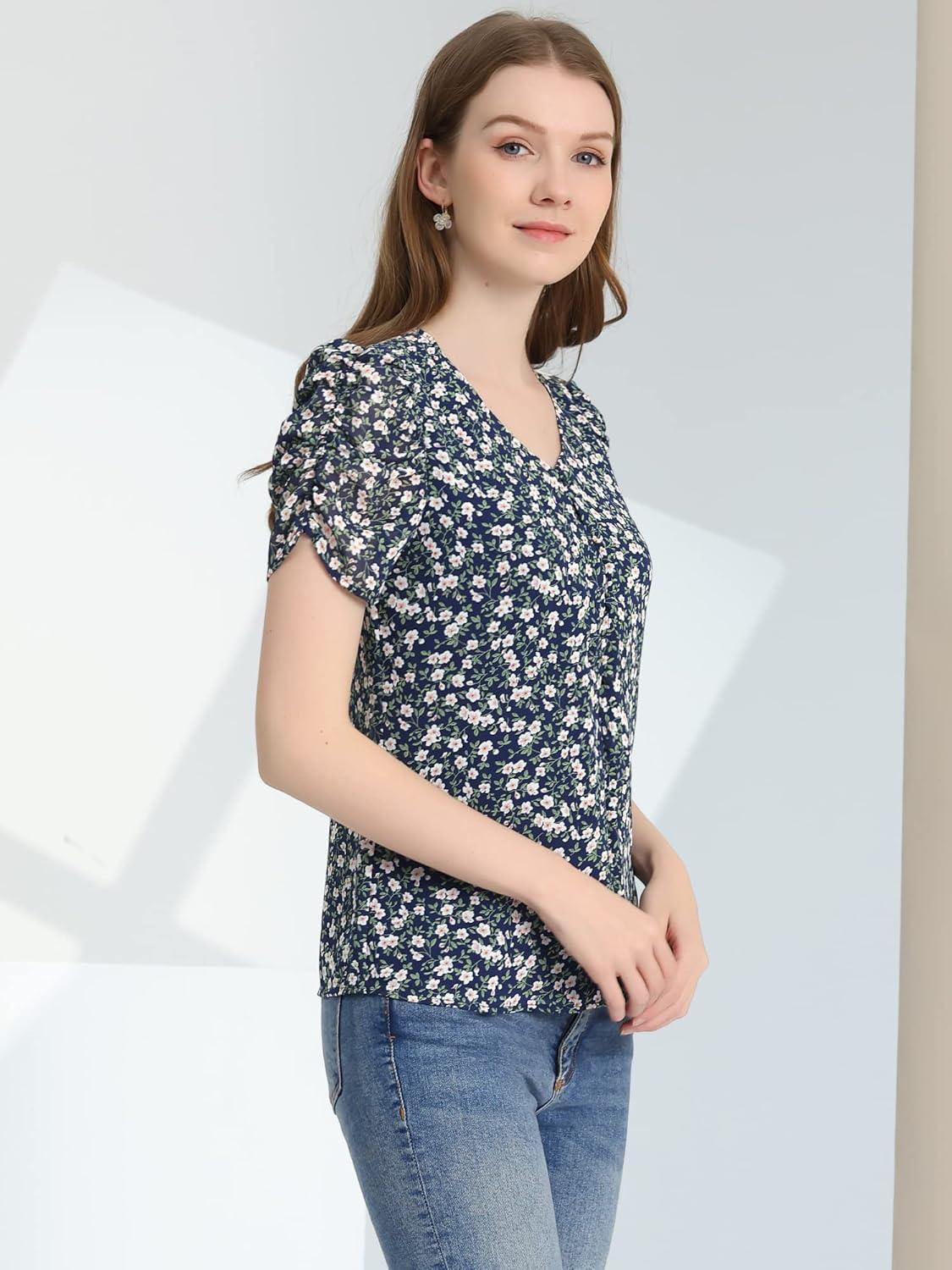 imageAllegra K Womens Button Front Shirt Puff Short Sleeves Chiffon Floral TopNavy Blue