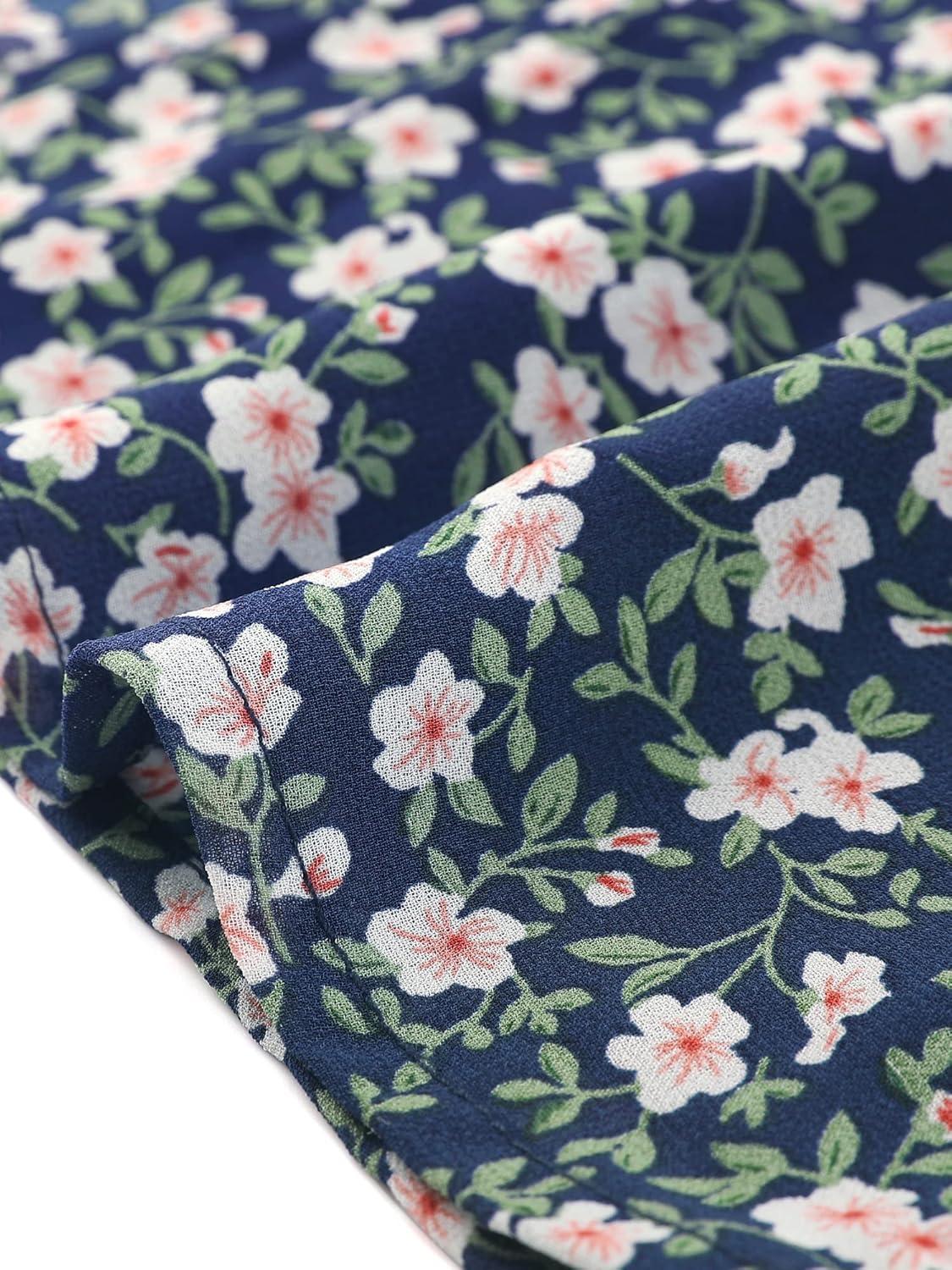 imageAllegra K Womens Button Front Shirt Puff Short Sleeves Chiffon Floral TopNavy Blue