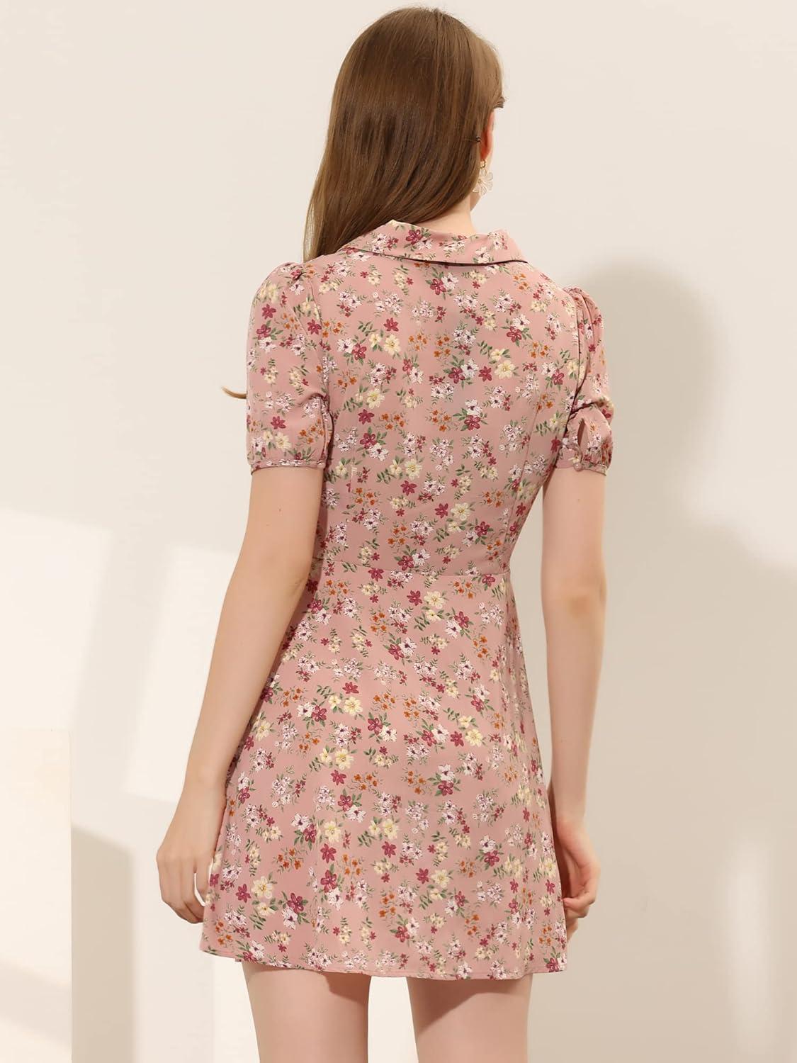 imageAllegra K Womens Button Up Short Sleeve ALine Chiffon Vintage Floral Shirt DressDusty Pink