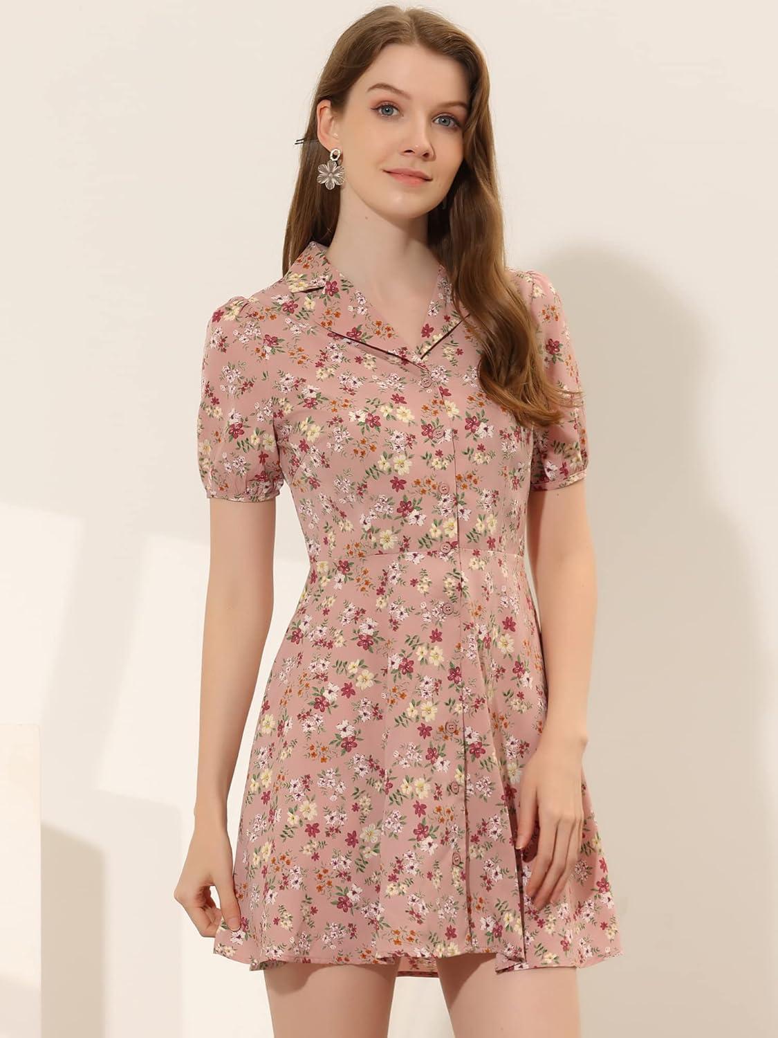 imageAllegra K Womens Button Up Short Sleeve ALine Chiffon Vintage Floral Shirt DressDusty Pink