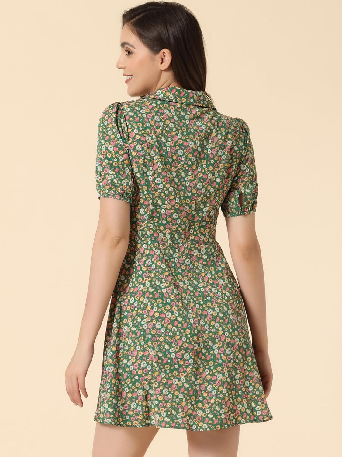 imageAllegra K Womens Button Up Short Sleeve ALine Chiffon Vintage Floral Shirt DressGreen