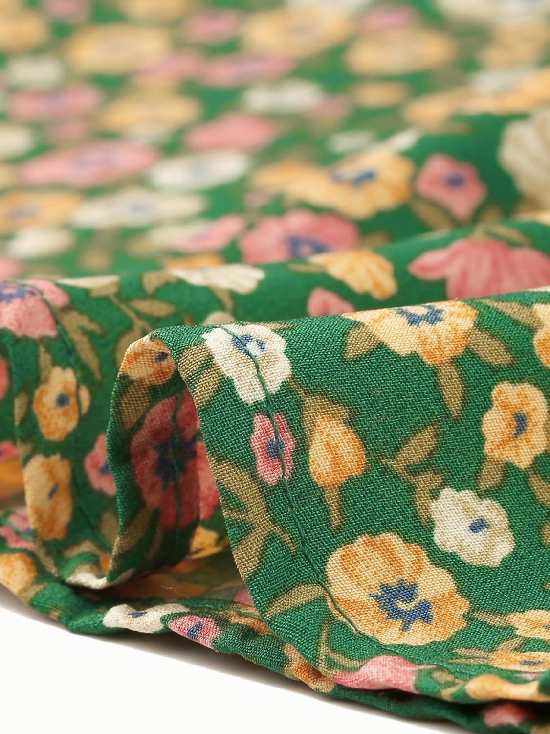 imageAllegra K Womens Button Up Short Sleeve ALine Chiffon Vintage Floral Shirt DressGreen