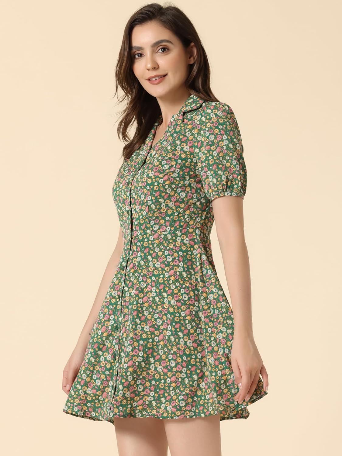 imageAllegra K Womens Button Up Short Sleeve ALine Chiffon Vintage Floral Shirt DressGreen