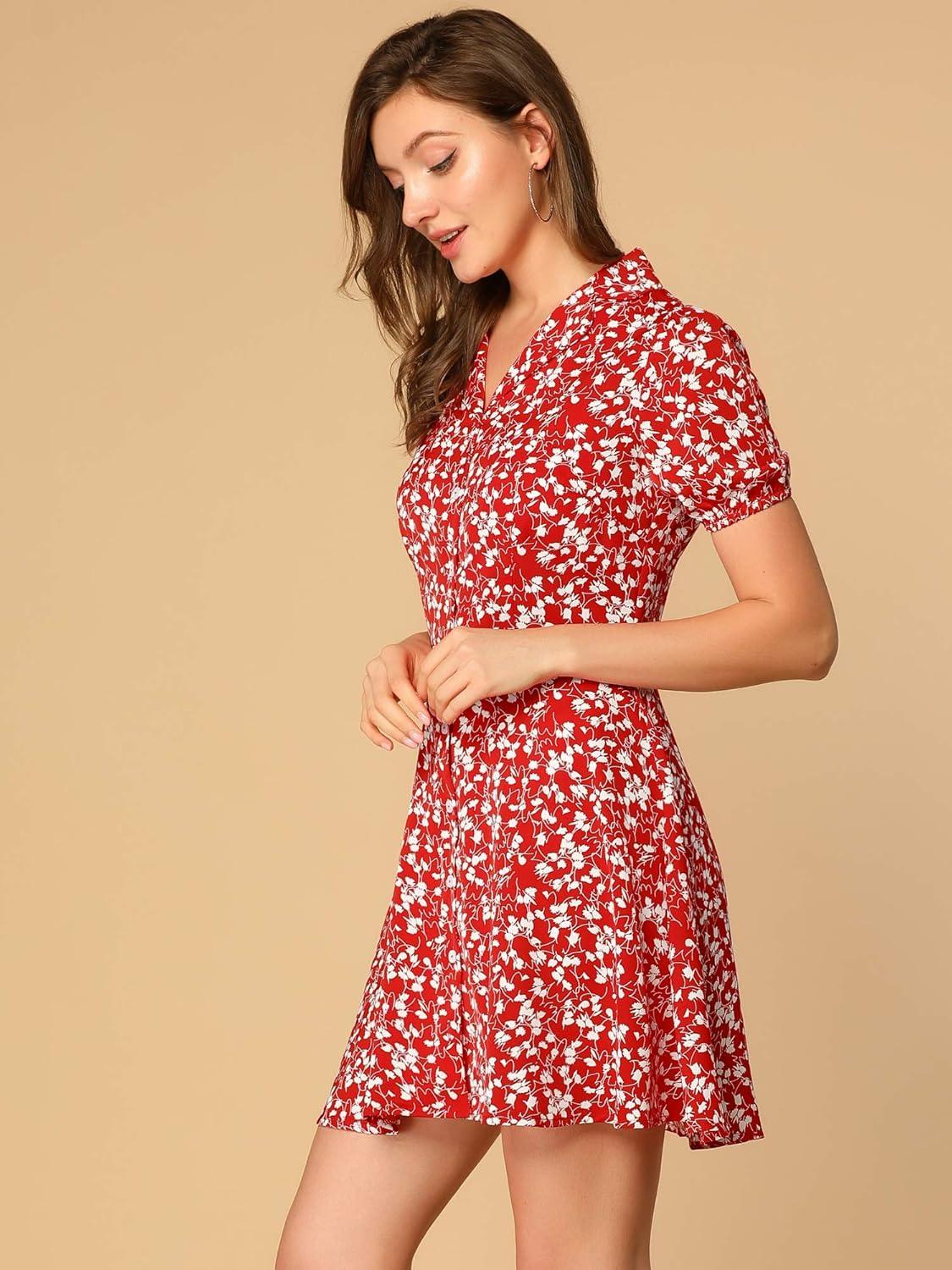 imageAllegra K Womens Button Up Short Sleeve ALine Chiffon Vintage Floral Shirt DressRed