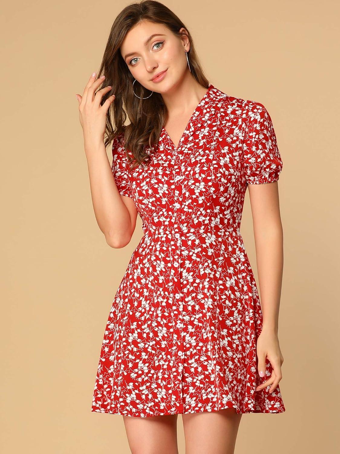 imageAllegra K Womens Button Up Short Sleeve ALine Chiffon Vintage Floral Shirt DressRed