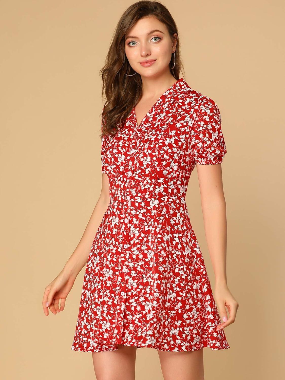 imageAllegra K Womens Button Up Short Sleeve ALine Chiffon Vintage Floral Shirt DressRed