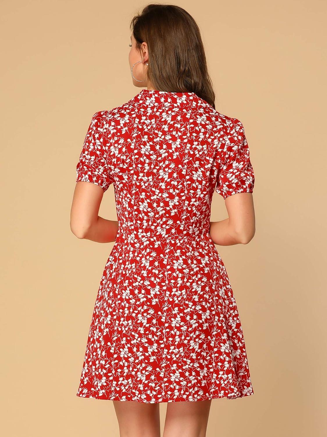 imageAllegra K Womens Button Up Short Sleeve ALine Chiffon Vintage Floral Shirt DressRed