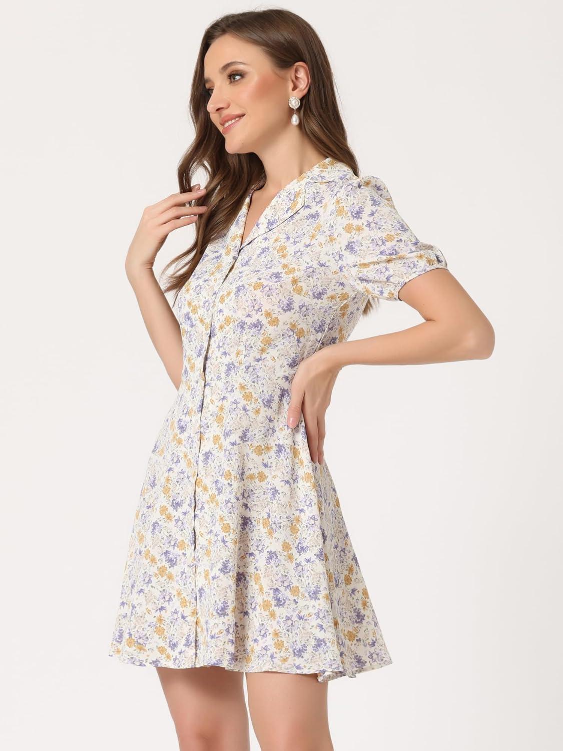 imageAllegra K Womens Button Up Short Sleeve ALine Chiffon Vintage Floral Shirt DressWhite