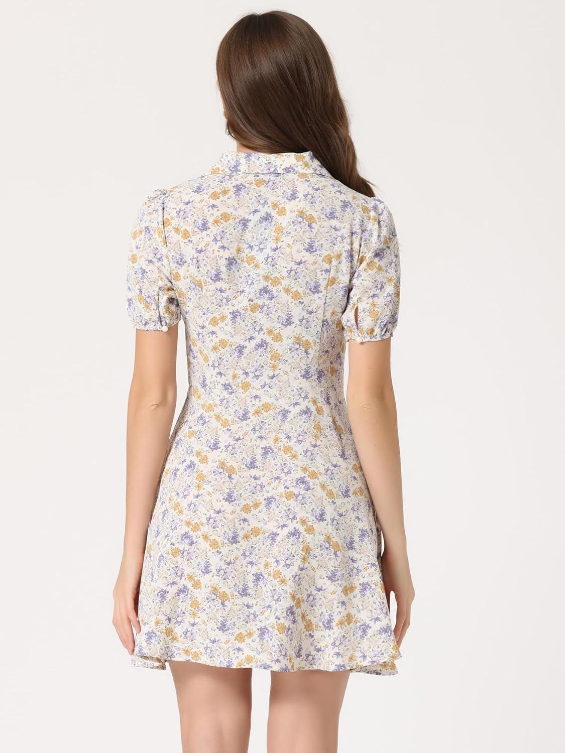 imageAllegra K Womens Button Up Short Sleeve ALine Chiffon Vintage Floral Shirt DressWhite