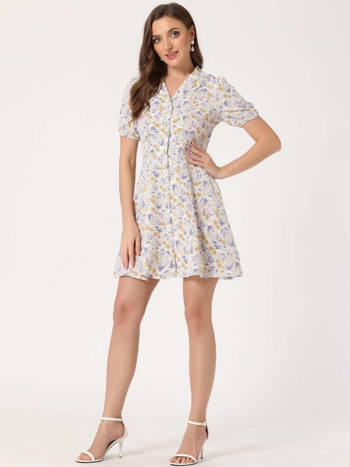 imageAllegra K Womens Button Up Short Sleeve ALine Chiffon Vintage Floral Shirt DressWhite