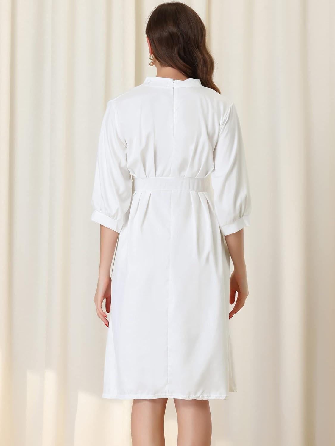 imageAllegra K Womens Casual V Neck Stand Collar Puff Elbow Sleeve Flare Midi Dress with Pockets