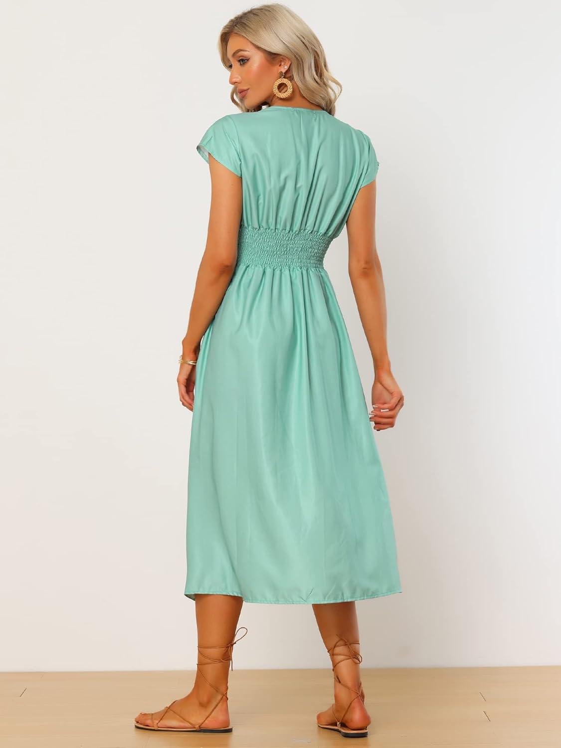 imageAllegra K Womens Deep V Neck Boho Floral Smocked Waist Midi DressGreen