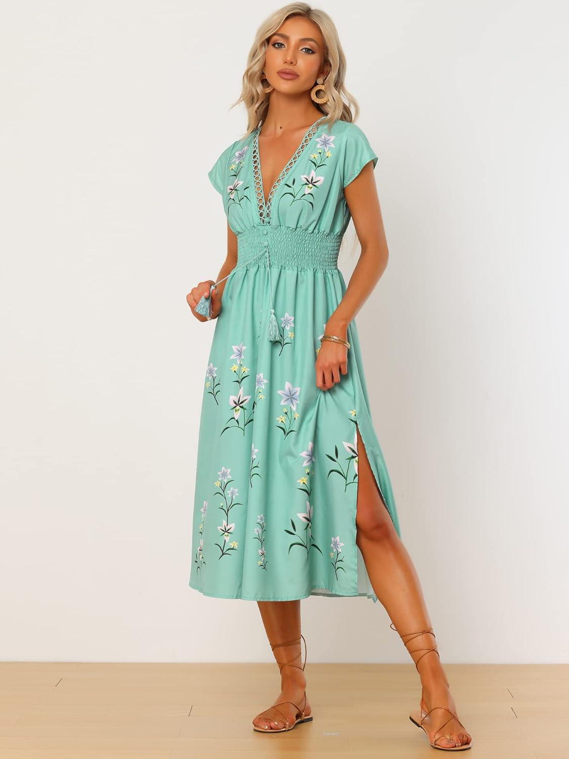 imageAllegra K Womens Deep V Neck Boho Floral Smocked Waist Midi DressGreen
