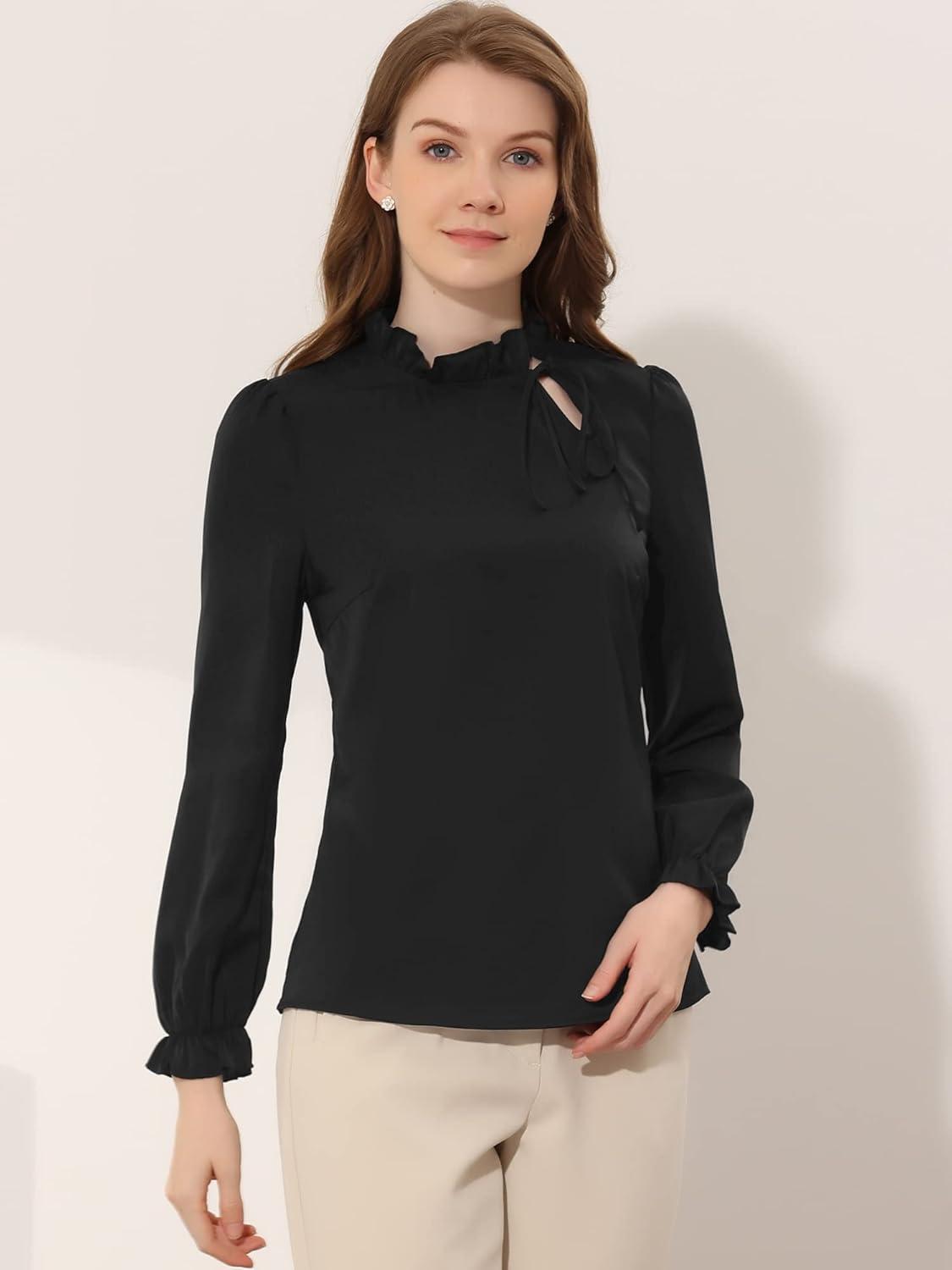 imageAllegra K Womens Fall Blouse 2025 Long Sleeve Ruffle Tie Neck Business Work TopBlack