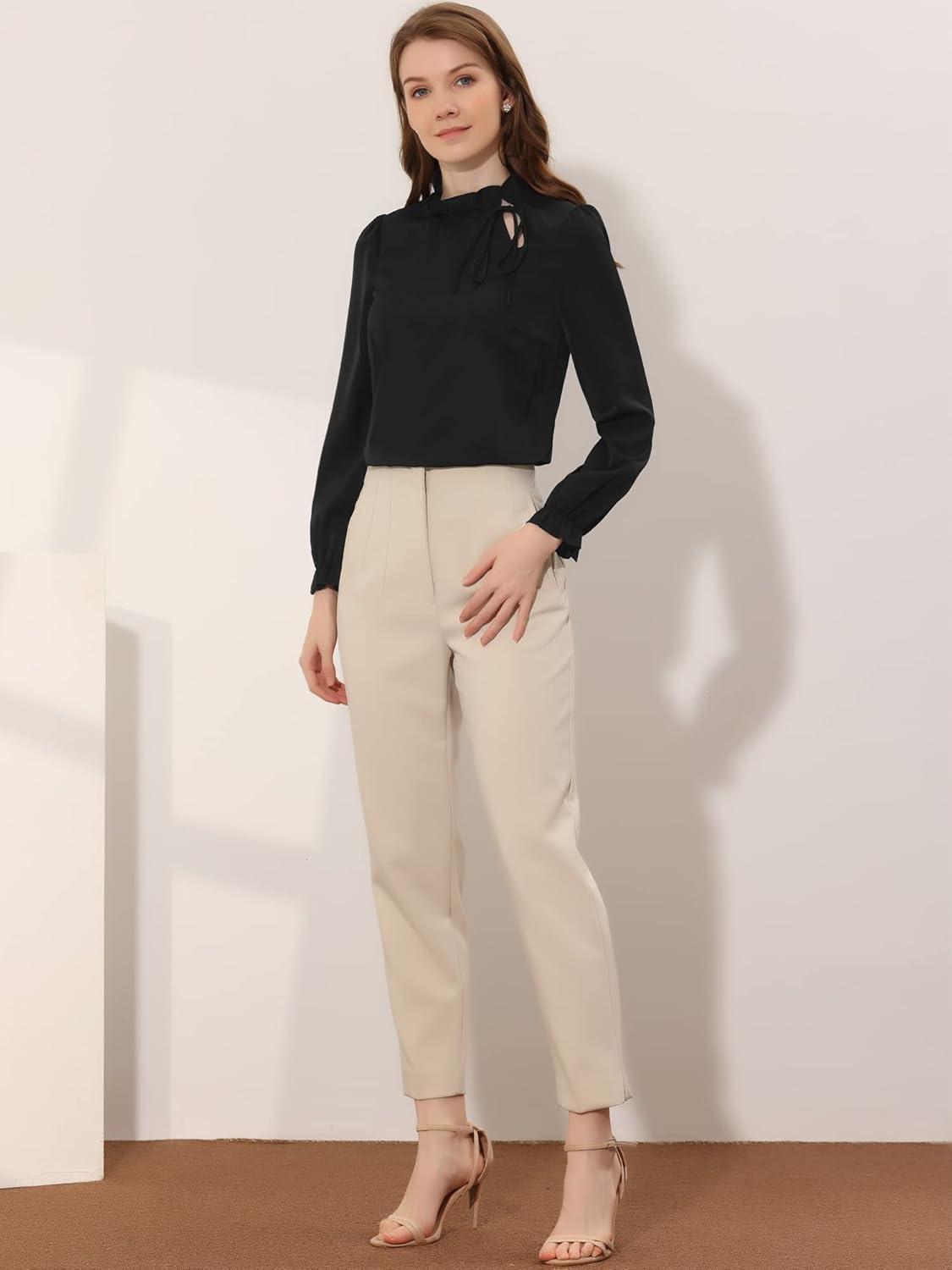 imageAllegra K Womens Fall Blouse 2025 Long Sleeve Ruffle Tie Neck Business Work TopBlack