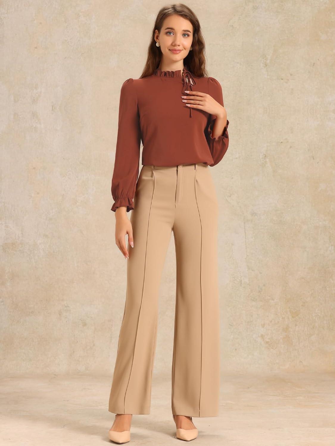 imageAllegra K Womens Fall Blouse 2025 Long Sleeve Ruffle Tie Neck Business Work TopCaramel