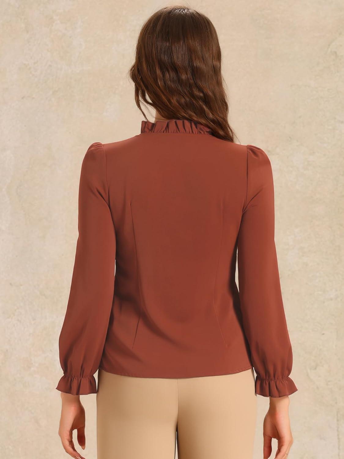 imageAllegra K Womens Fall Blouse 2025 Long Sleeve Ruffle Tie Neck Business Work TopCaramel