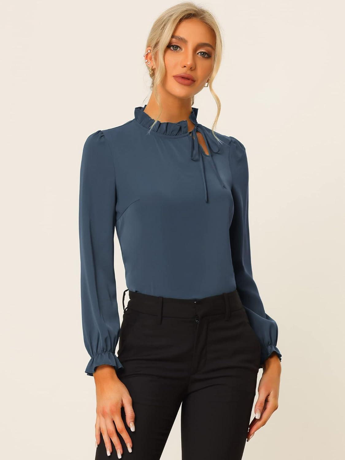 imageAllegra K Womens Fall Blouse 2025 Long Sleeve Ruffle Tie Neck Business Work TopDark Blue
